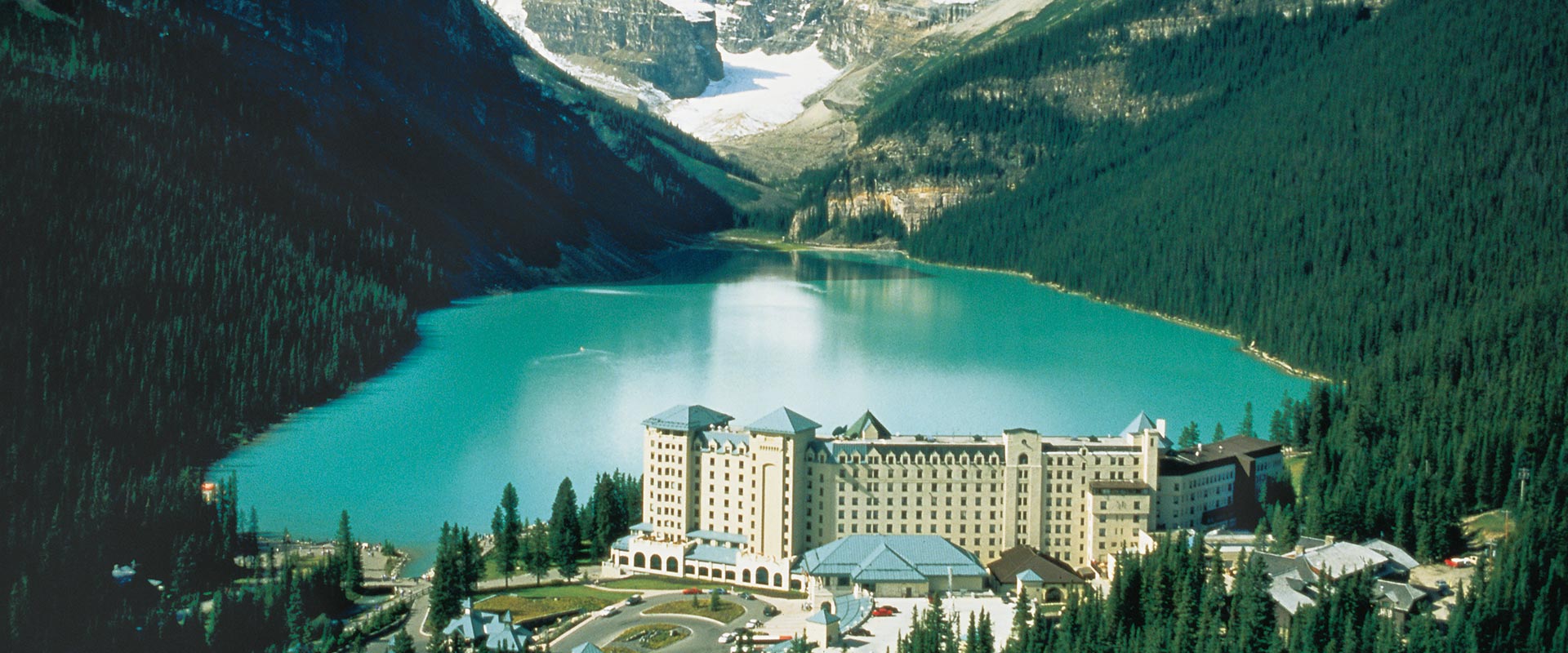 View of Fairmont Chateau Lake Louise in foreground, Canada